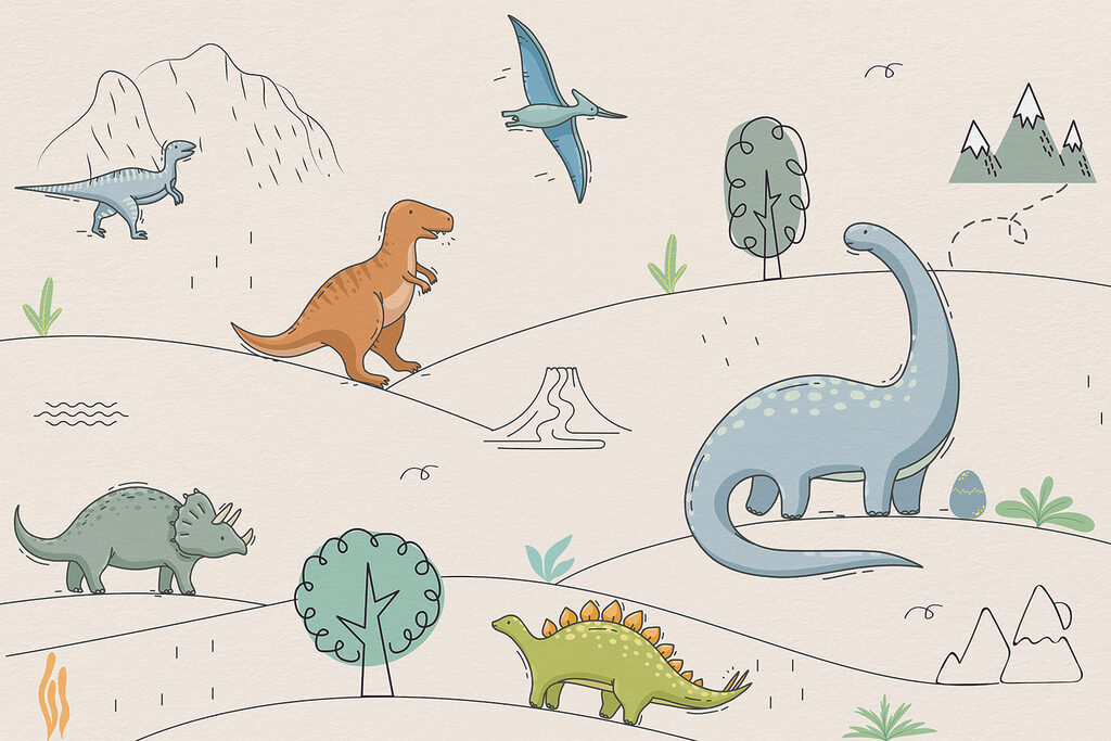 Dinosaurs in fine outlines — full design