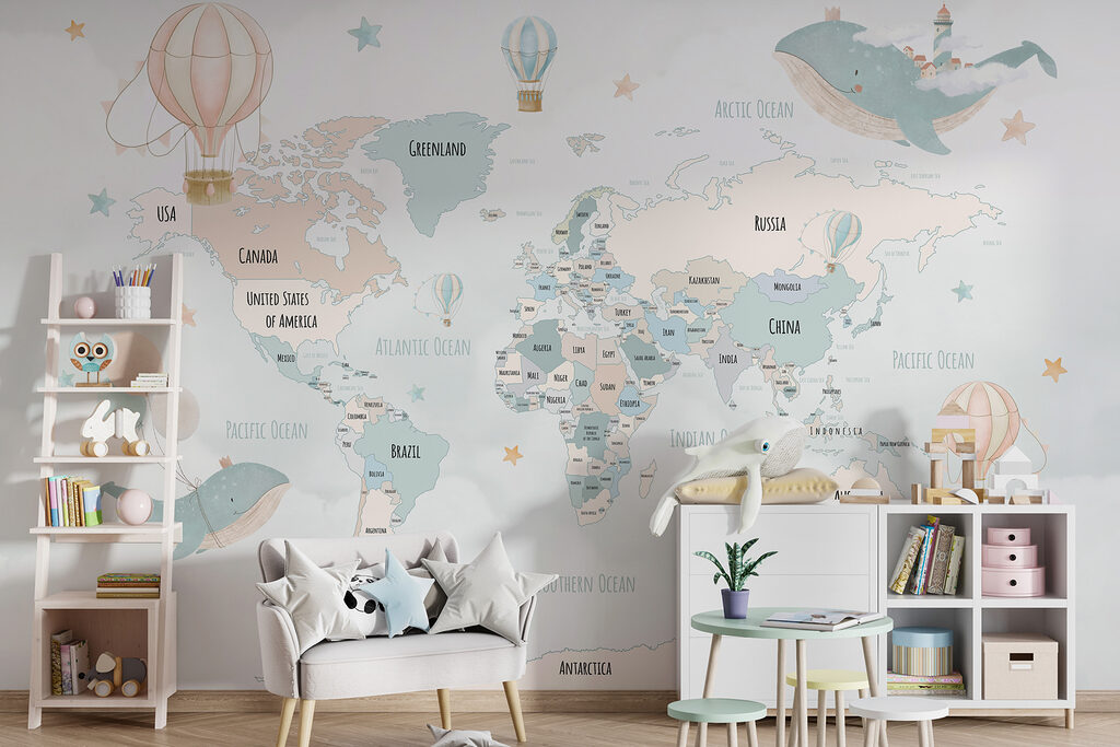 World map with whales — interior 2