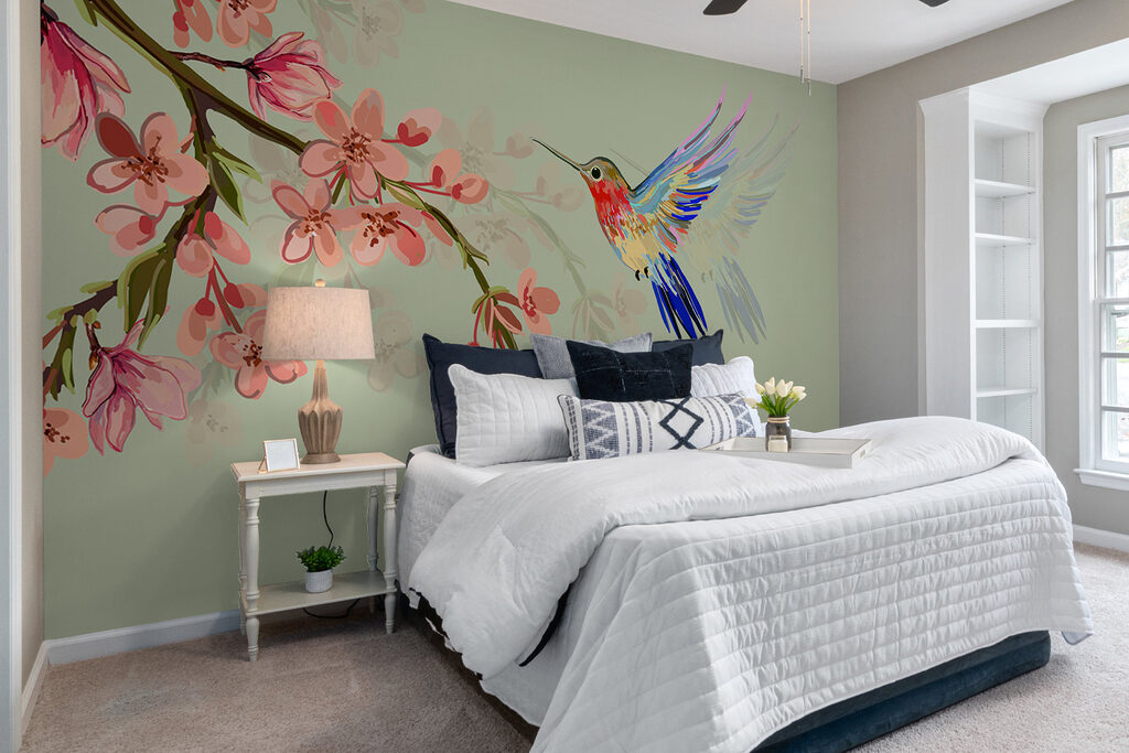 Hummingbird by pink blossom — interior 1