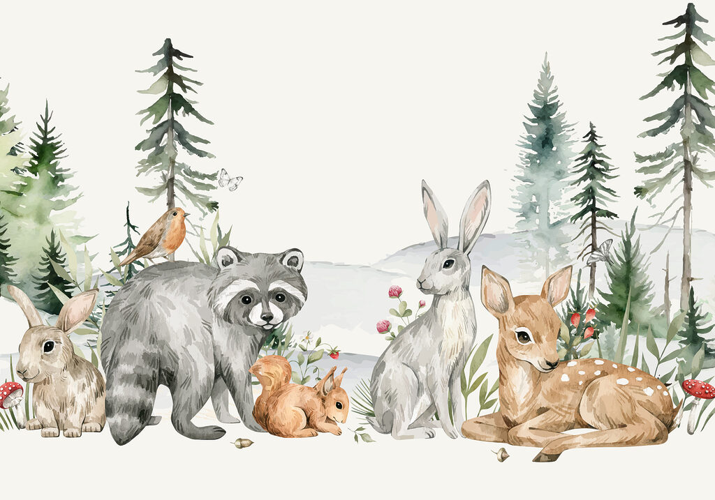 Woodland animals among pines — full design