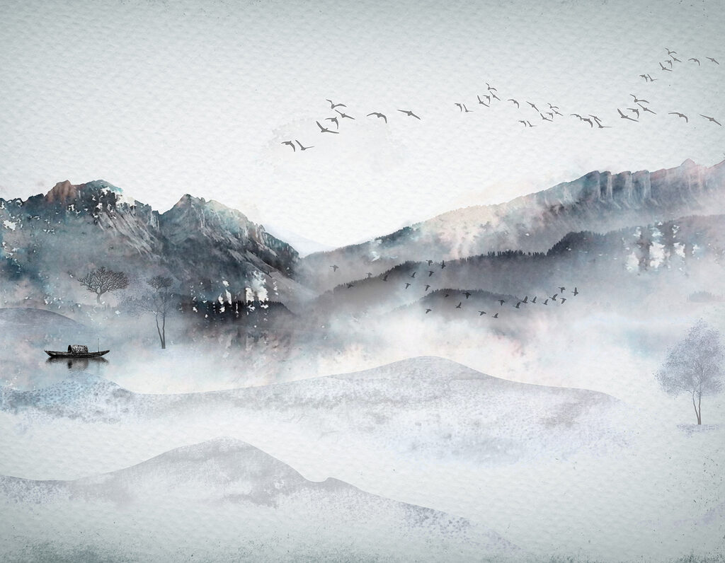 Boat in misty hills — full design