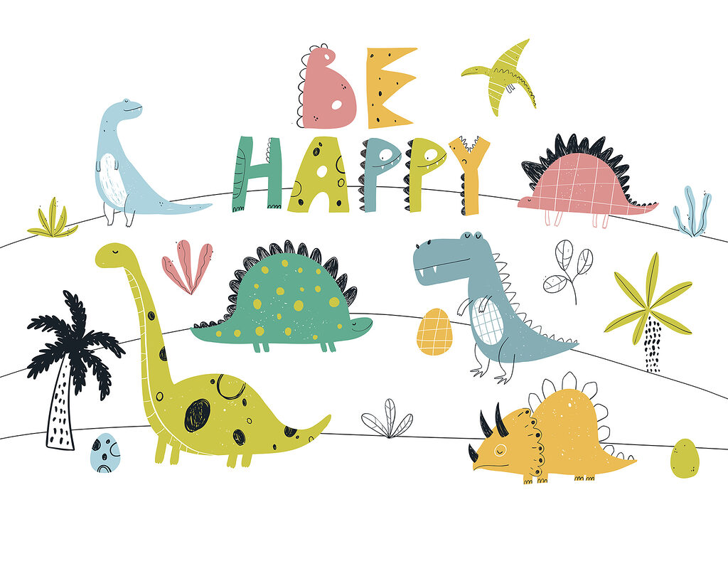 Cheerful dinosaurs with letters — full design