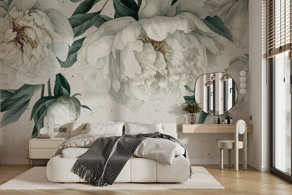 White peonies, dark leaves — interior 1