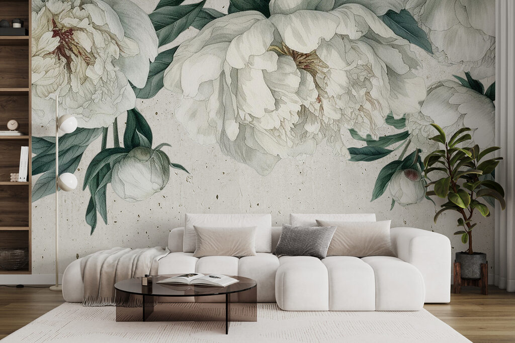 White peonies, dark leaves — interior 3