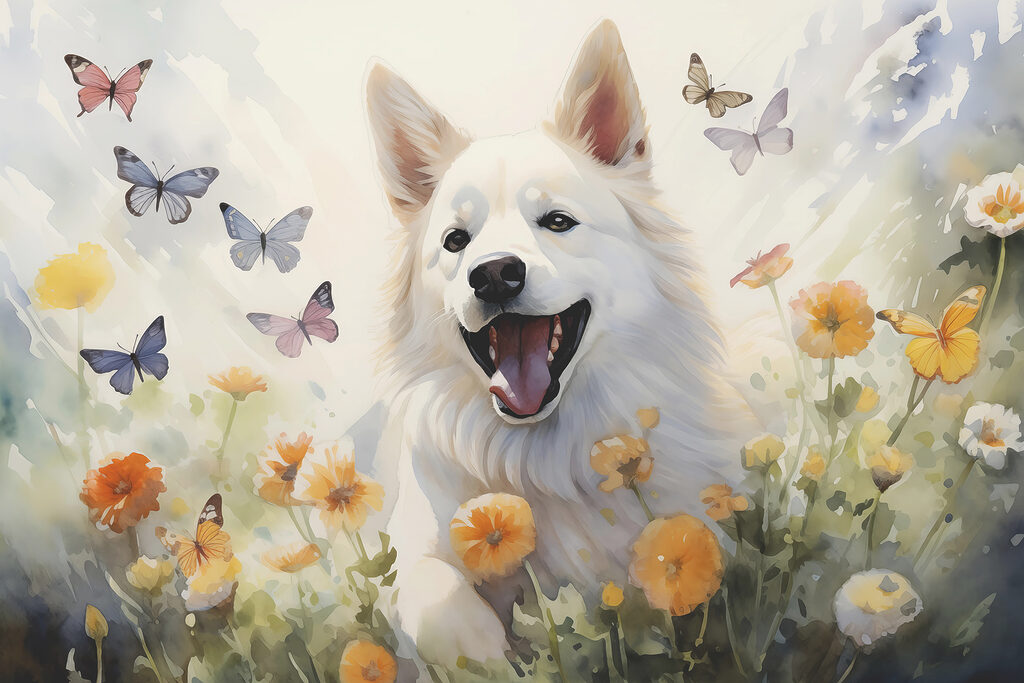 White dog among butterflies — full design