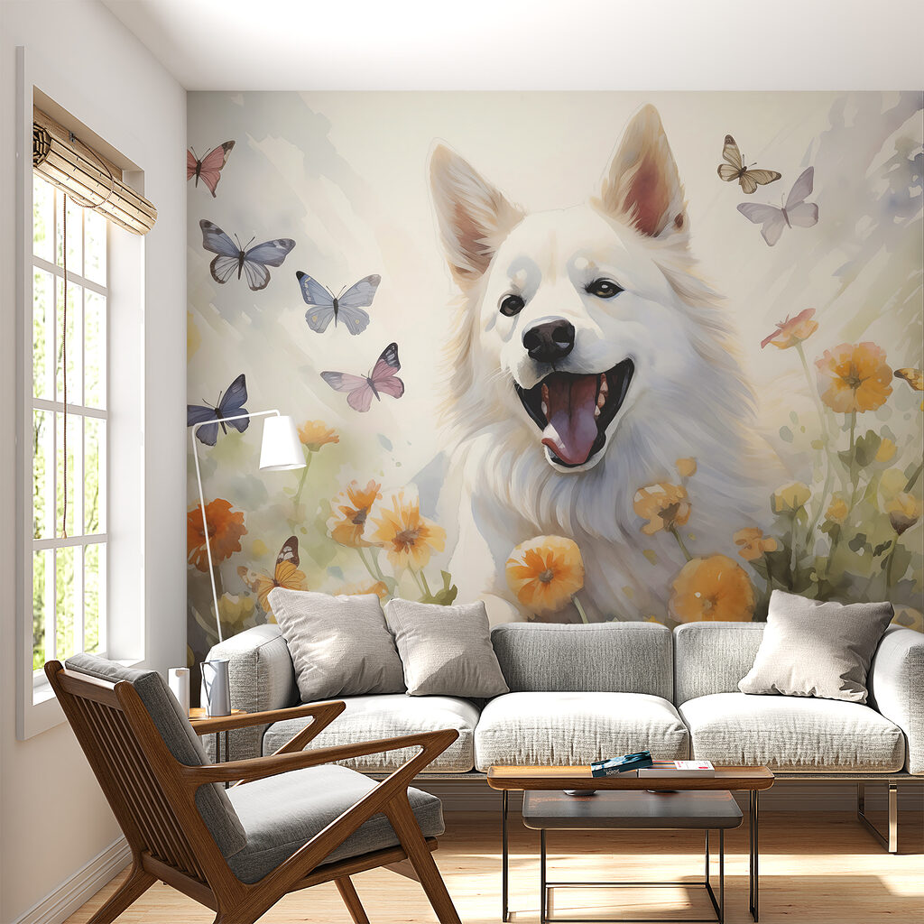 White dog among butterflies — interior 1