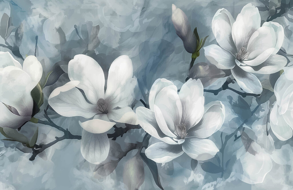 White magnolia on blue — full design