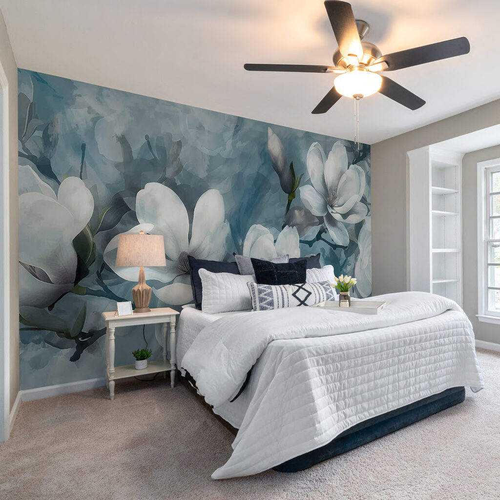 White magnolia on blue — interior 1
