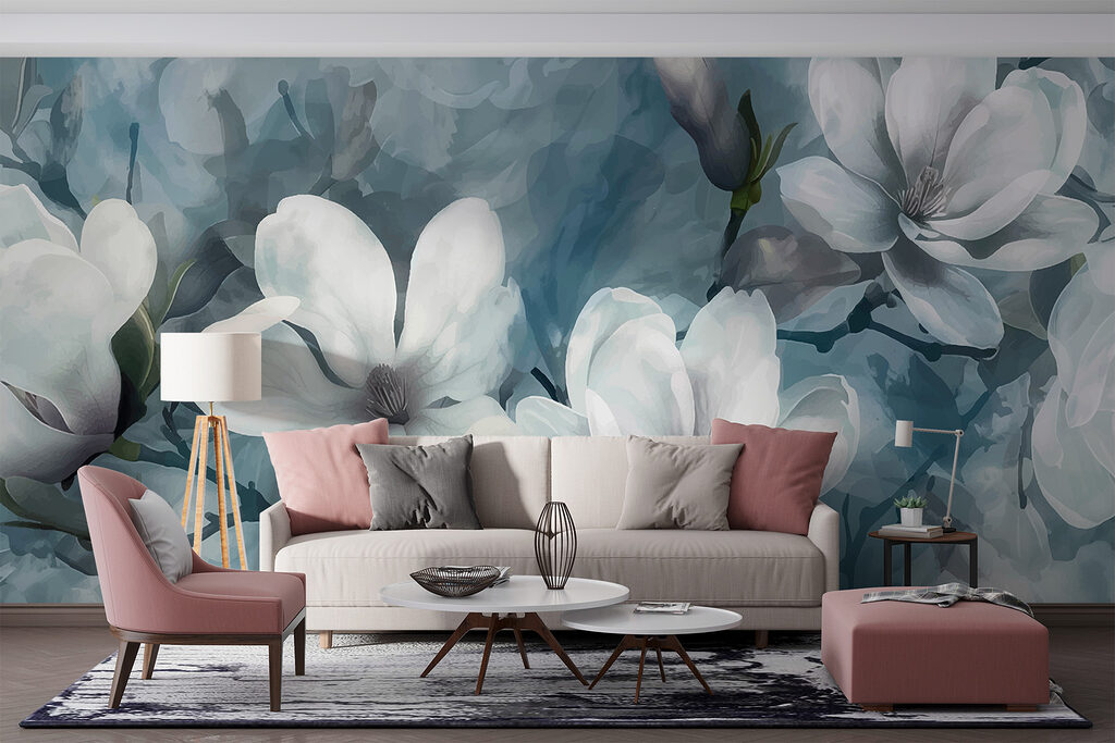 White magnolia on blue — interior 2