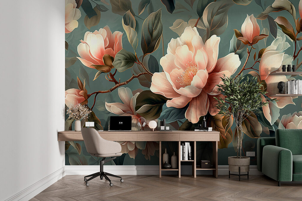 Magnolia branches on teal — interior 2