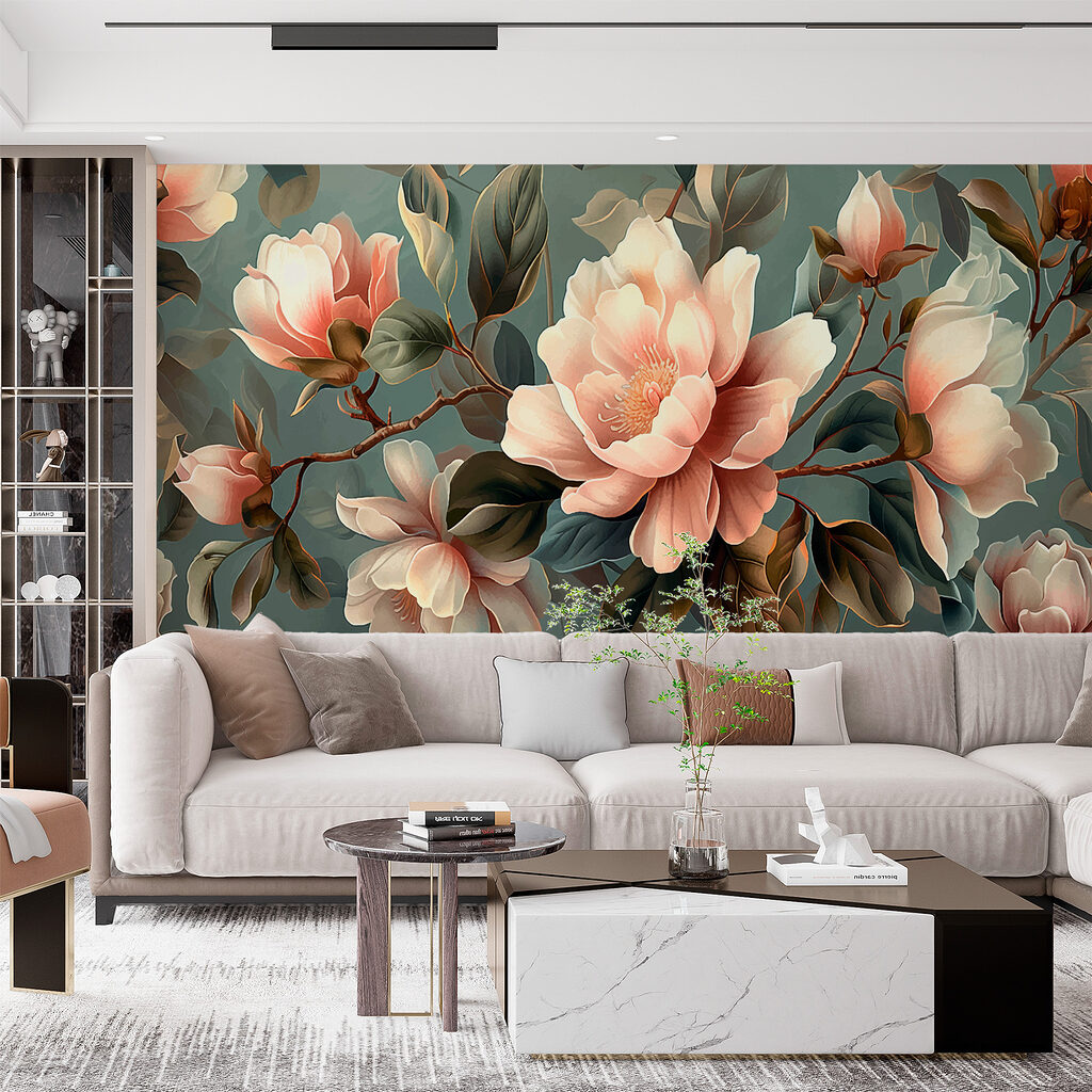 Magnolia branches on teal — interior 3