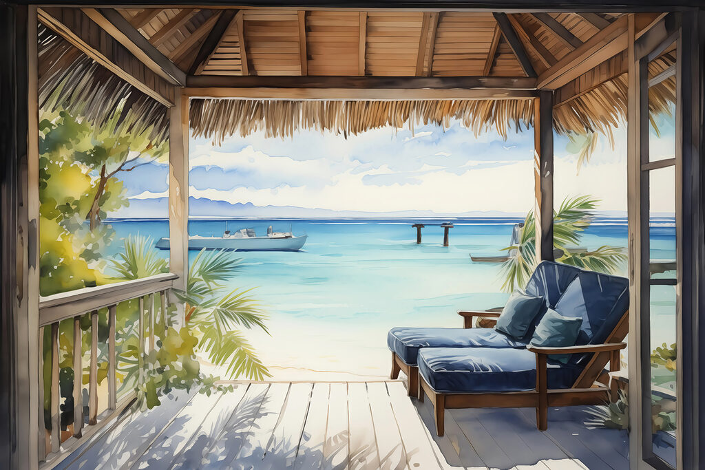Veranda by turquoise water — full design