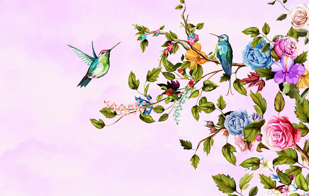 Colourful birds among roses — full design