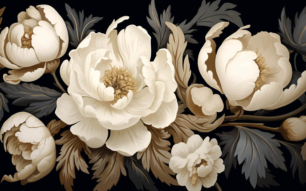 Cream peonies on black — full design