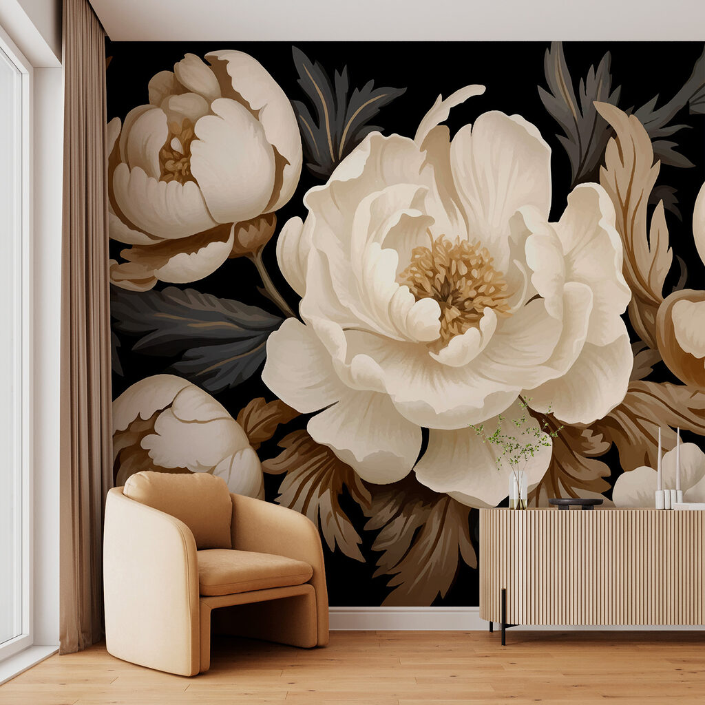 Cream peonies on black — interior 1
