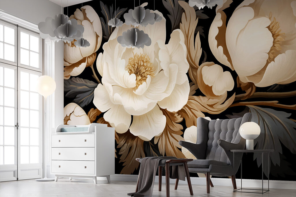 Cream peonies on black — interior 3
