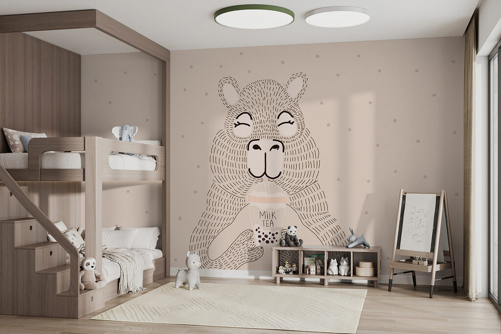Bear with Bubble Tea in an interior