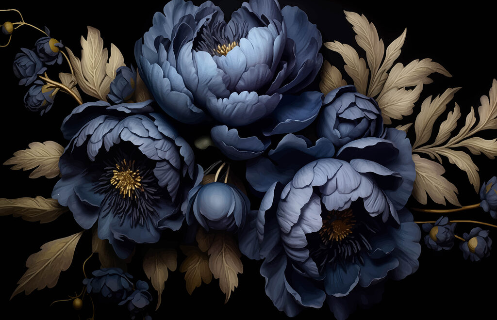 Blue peonies, golden leaves — full design