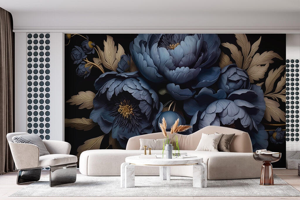 Blue peonies, golden leaves — interior 2