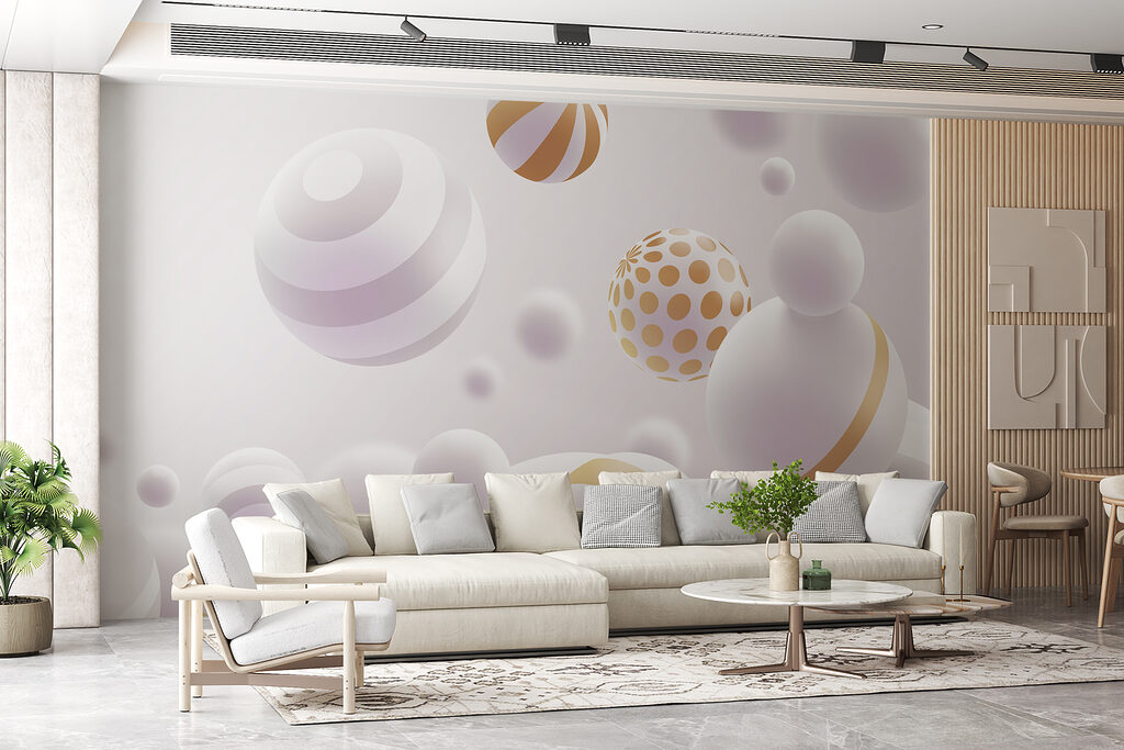 Gold-striped white spheres — interior 3