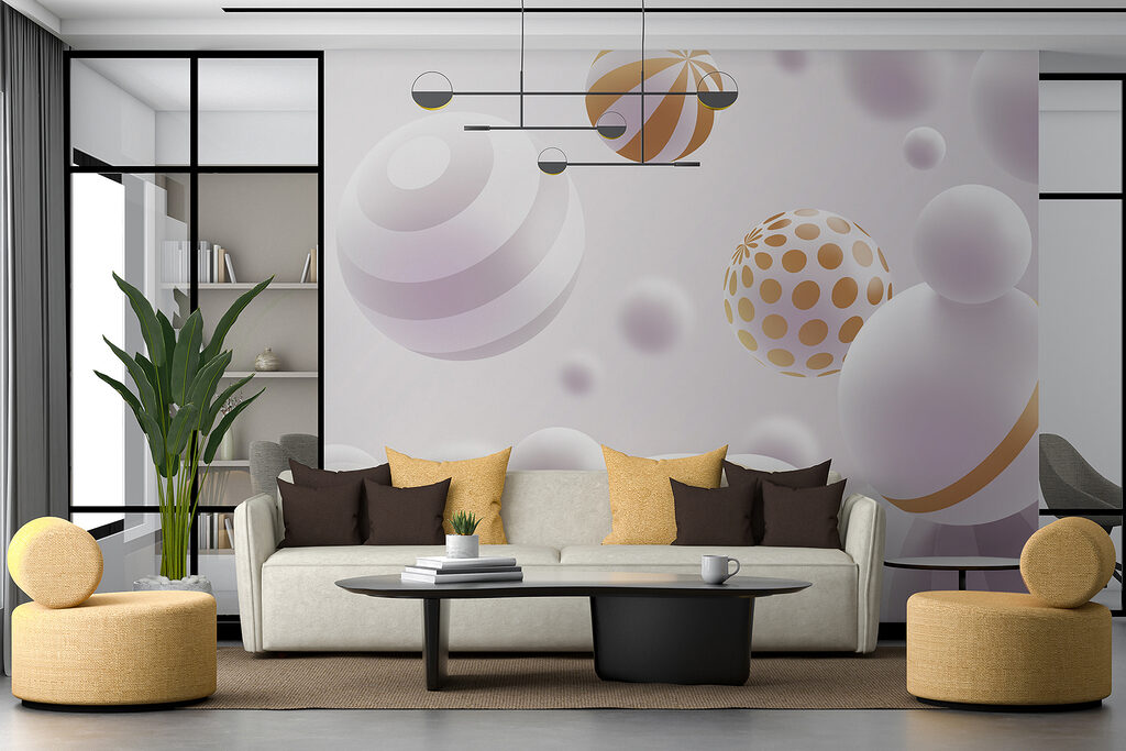 Gold-striped white spheres — interior 6