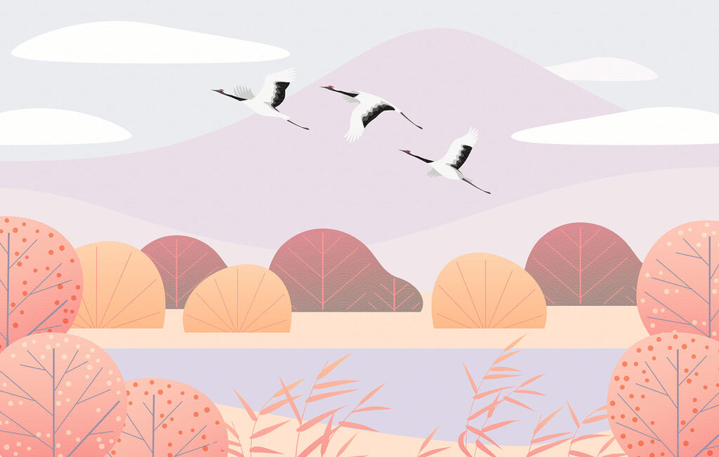 Cranes above pastel trees — full design