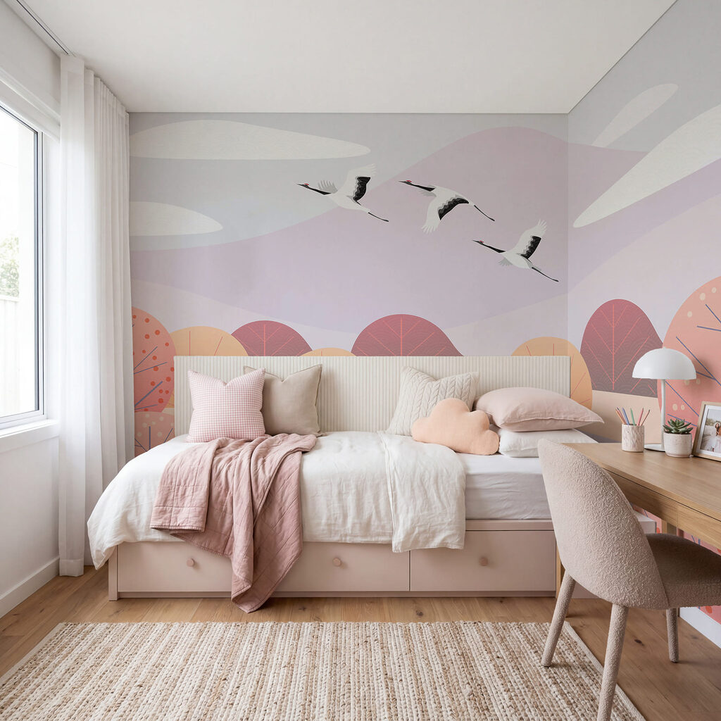 Cranes above pastel trees — interior 3