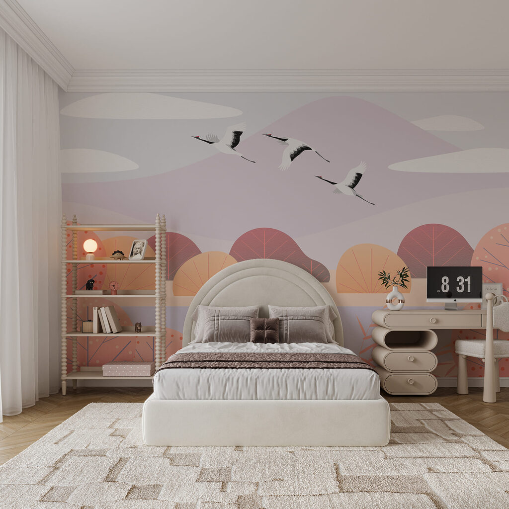 Cranes above pastel trees — interior 1