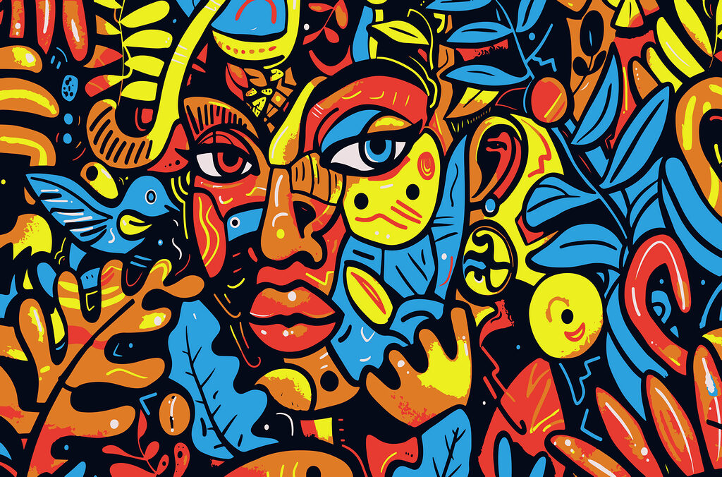 Face in bright lines — full design