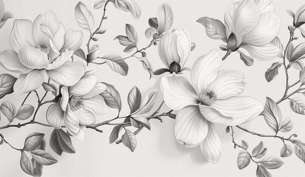 Magnolia branches in pencil — full design