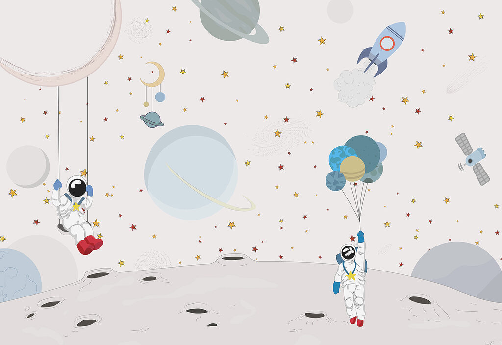Astronauts among pastel shapes — full design