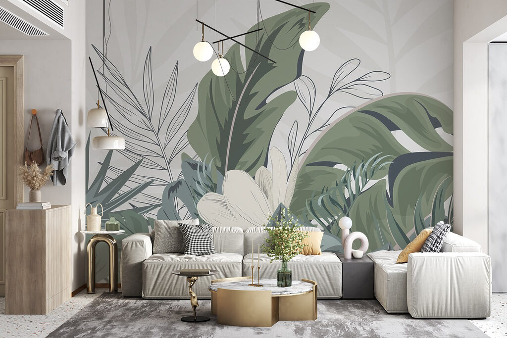Tropical leaves, diagonal bands — interior 3