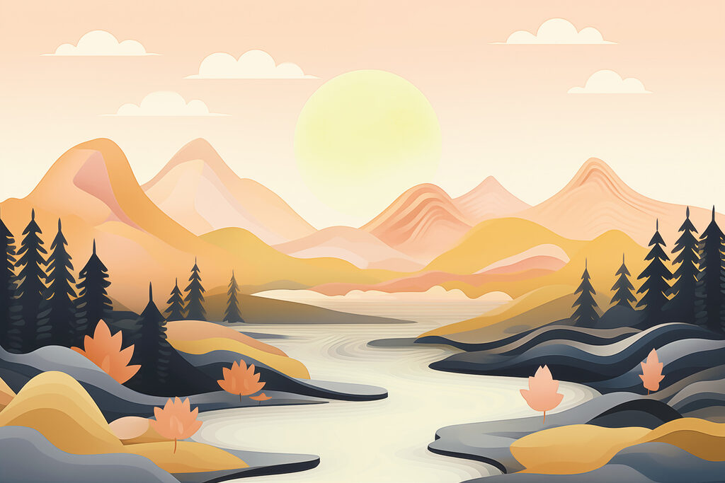 Sun above a river — full design