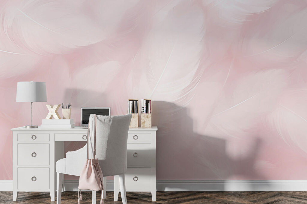 White feathers on pink — interior 1