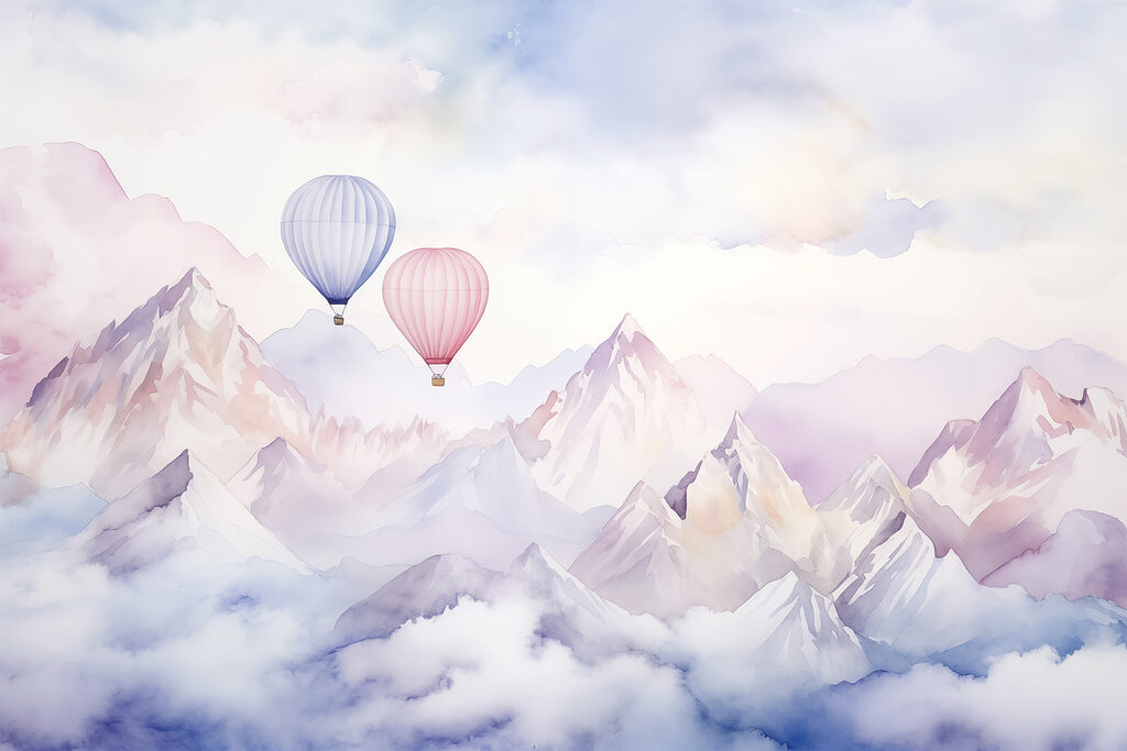 Two balloons above mountains — full design