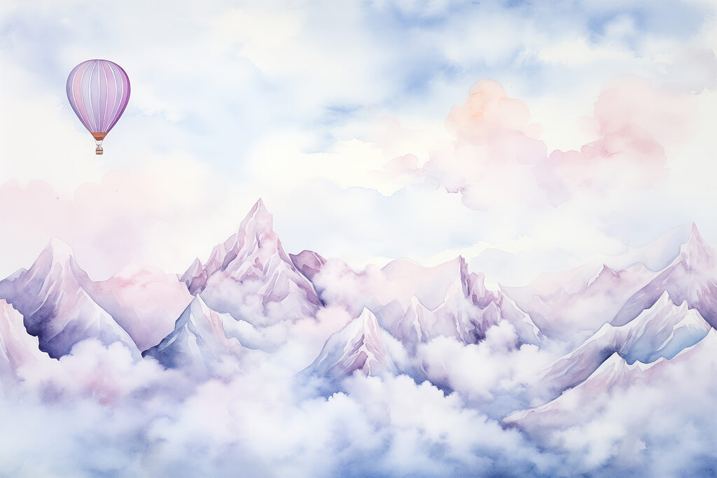 Lilac balloon above peaks — full design