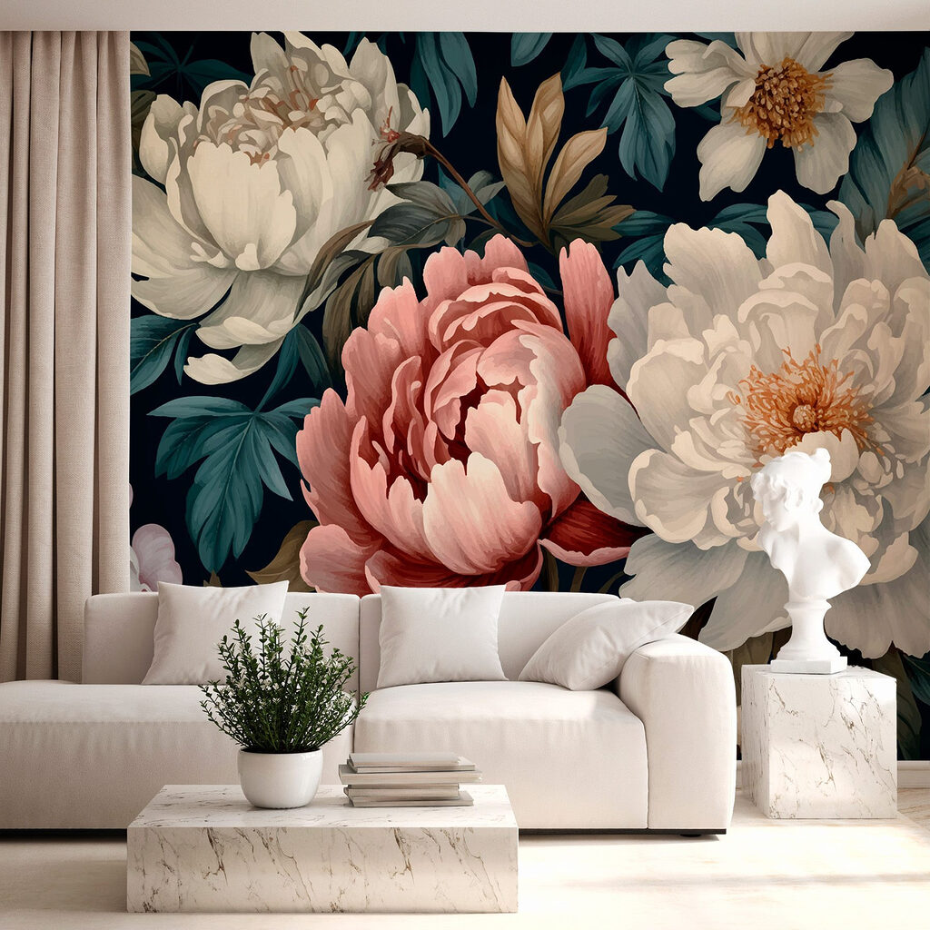 Peonies on Dark Foliage in an interior