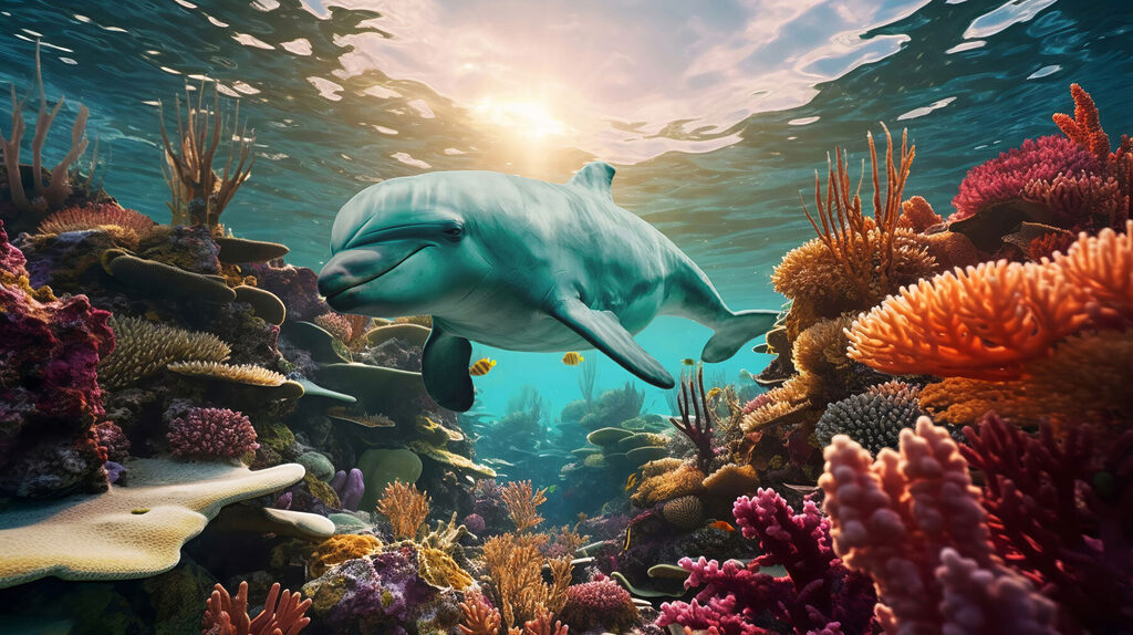 Dolphin among warm corals — full design