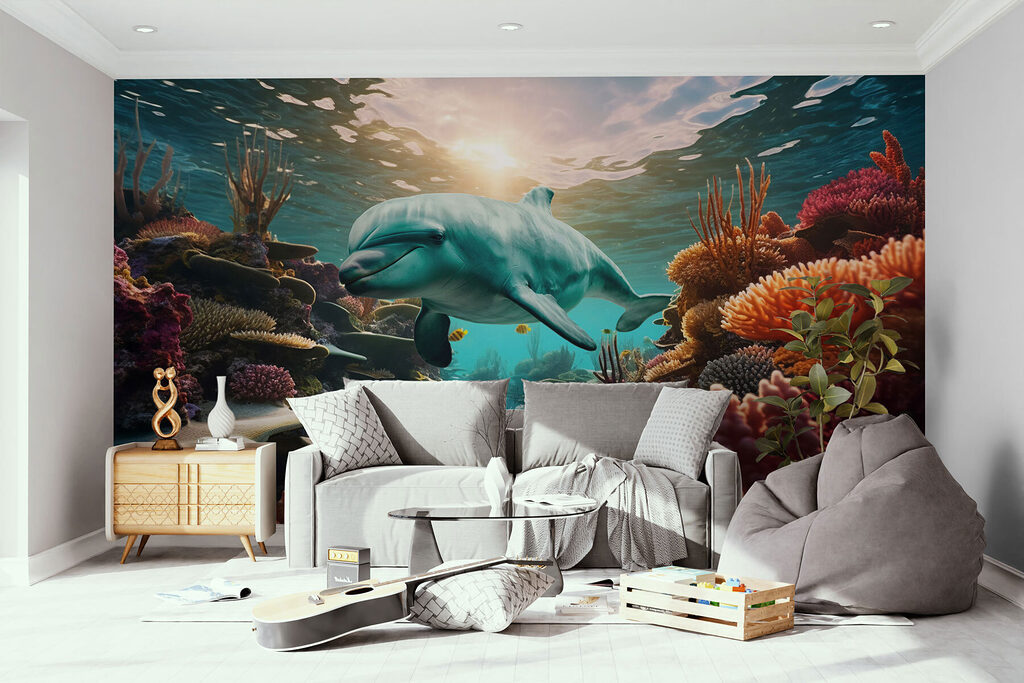 Dolphin among warm corals — interior 1