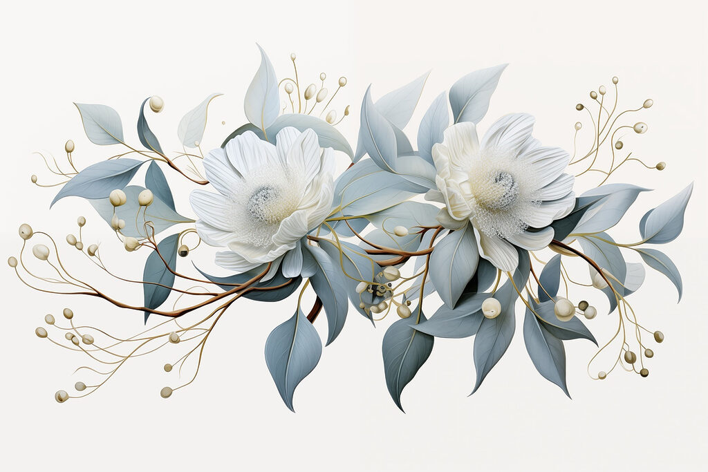 White flowers, golden twigs — full design