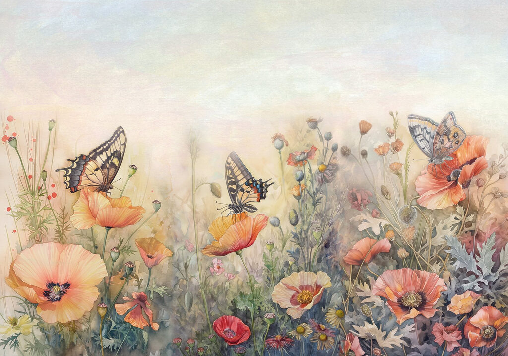 Butterflies over a meadow — full design