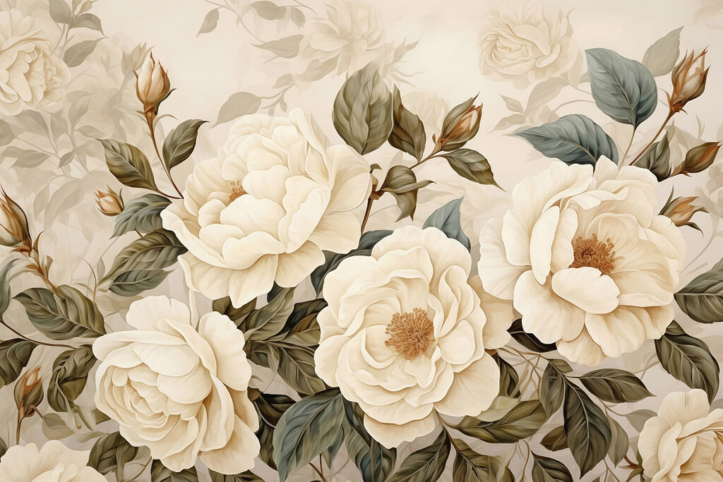 Cream roses among leaves — full design