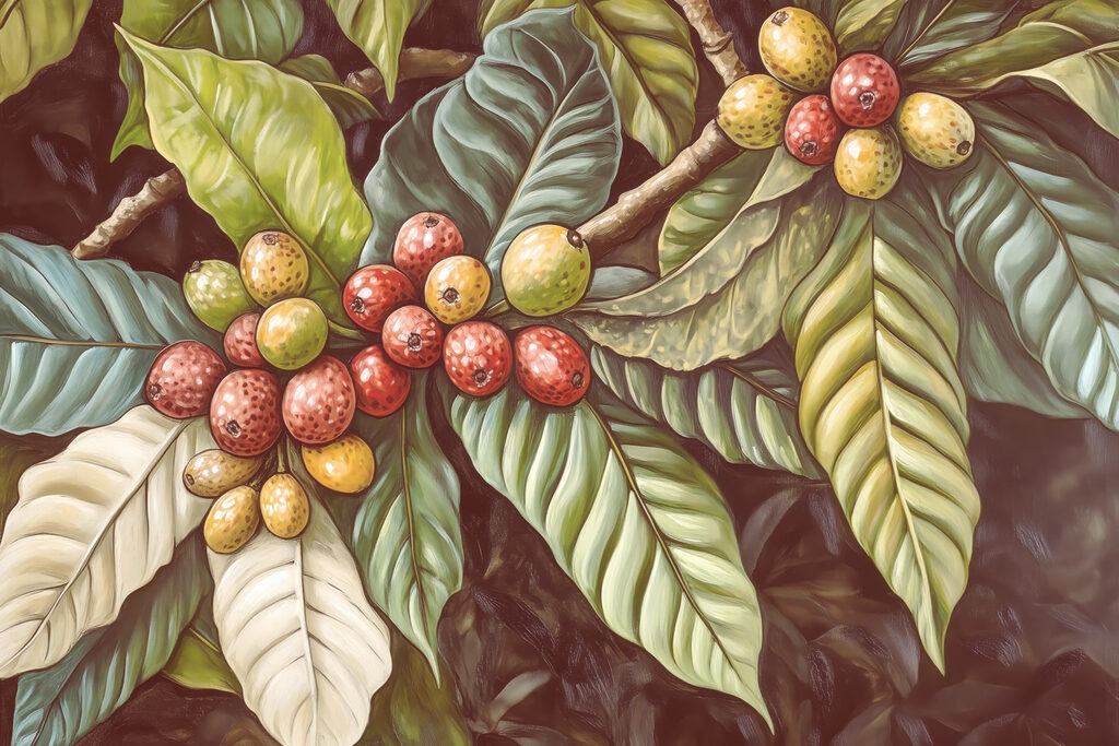 Coffee cherries and leaves — full design