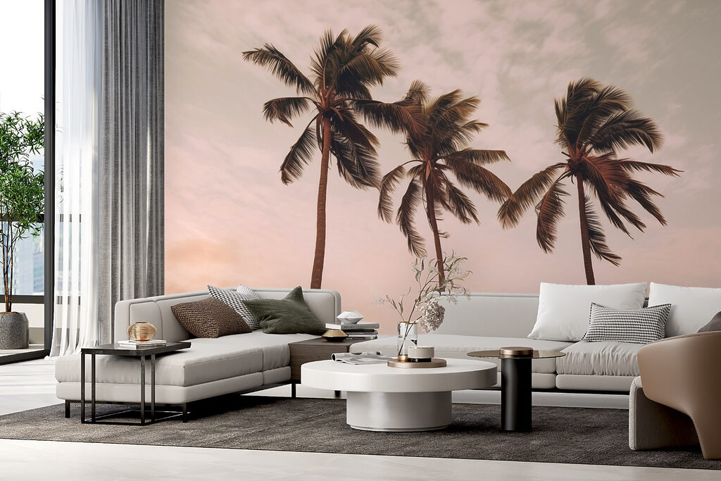Three palms, pink sky — interior 1