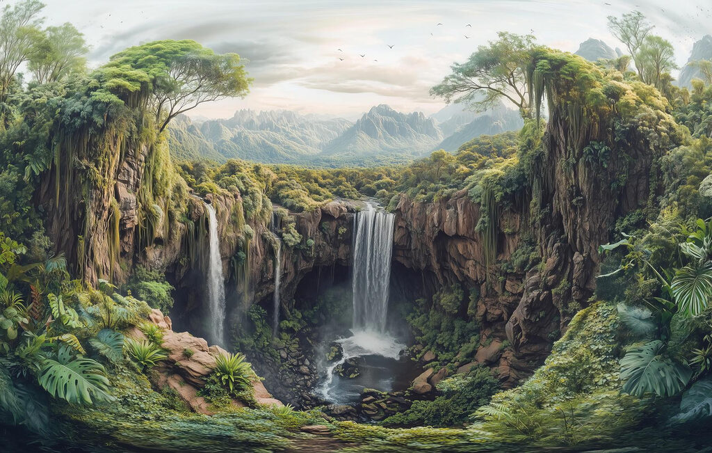 Waterfall between wooded rocks — full design