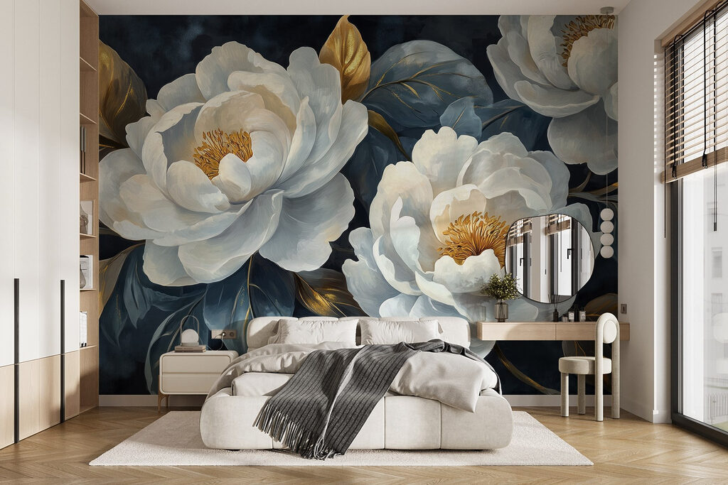 Peonies on night blue — interior 1