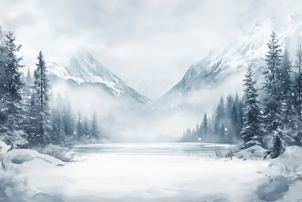 Frozen water between pines — full design