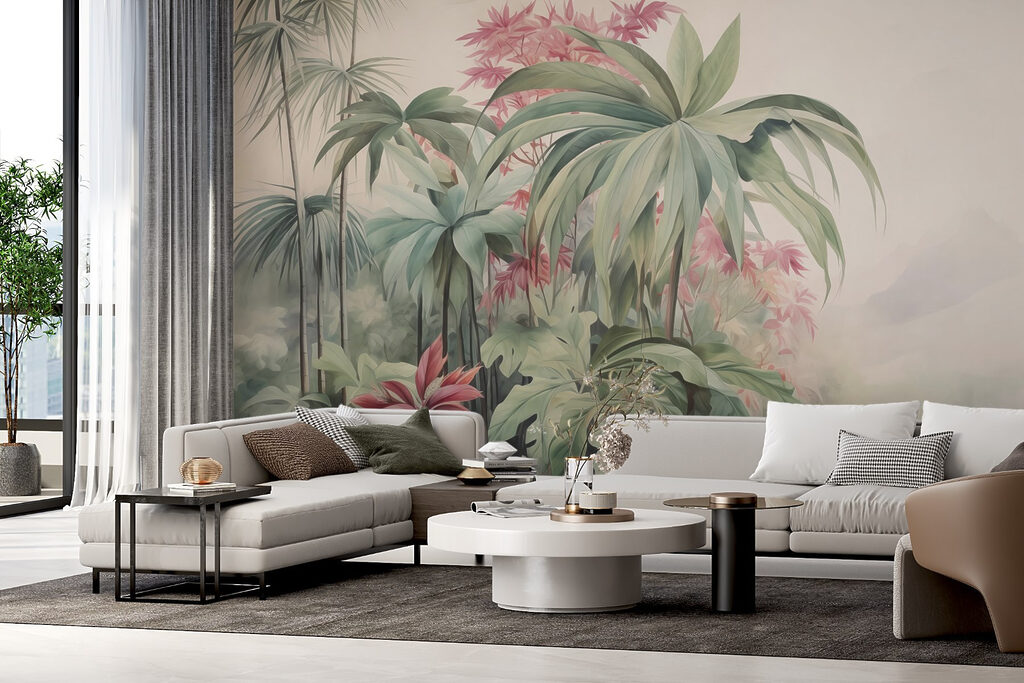 Palms and flowering branches — interior 1