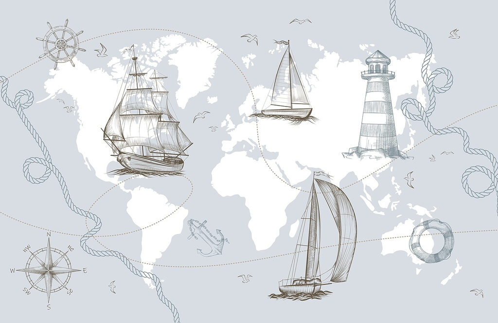 World map with ships — full design