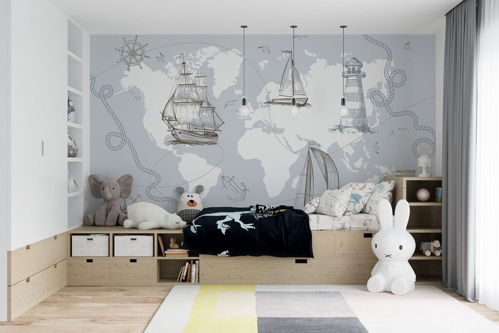 World map with ships — interior 1